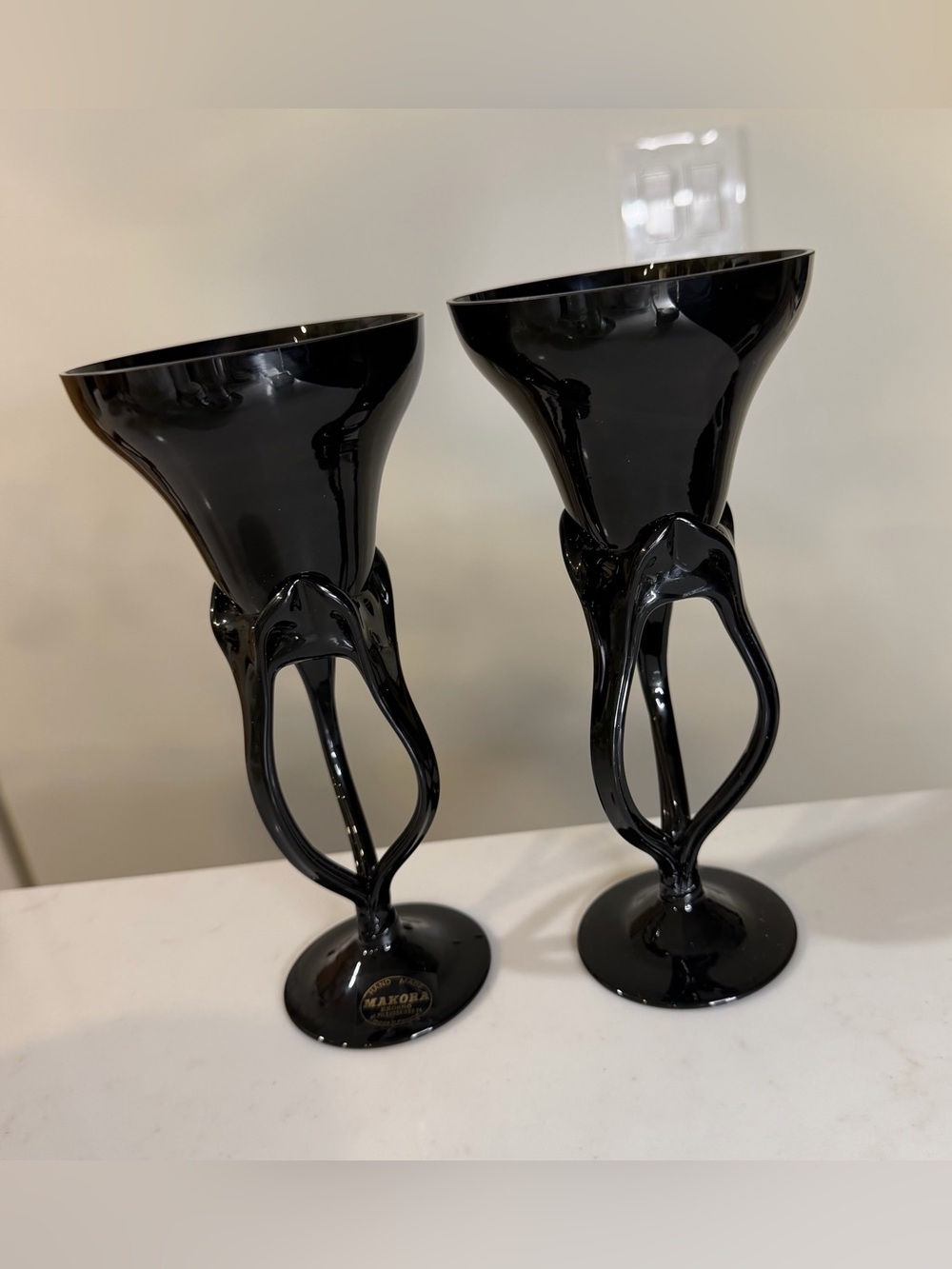 Makora Krosno hand made in Poland couple of candle holders in black glass